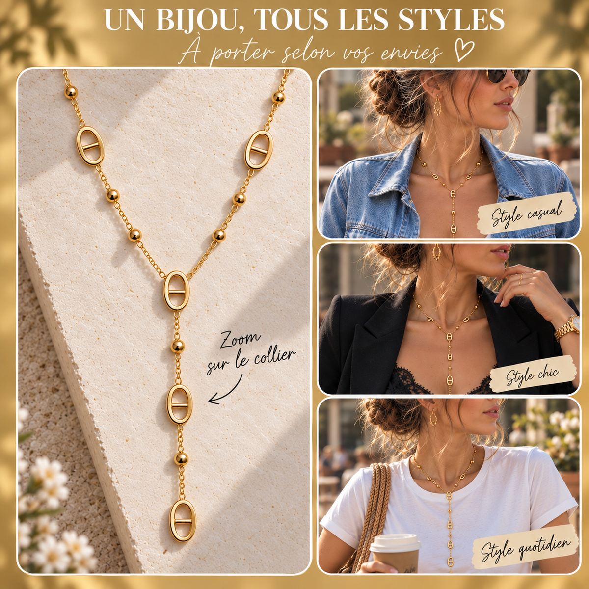 Collier Y Maille Marine doré
