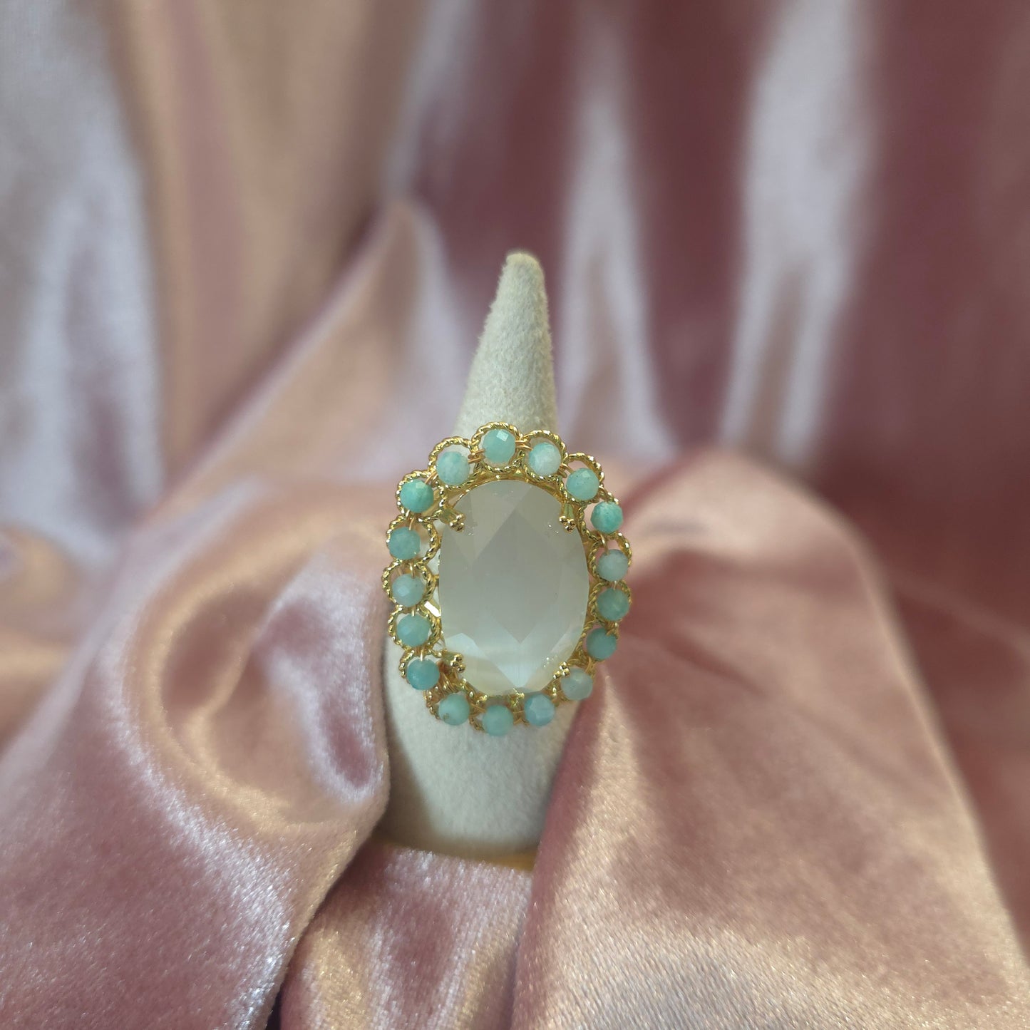Bague oeil de chat blanc et Turquoise