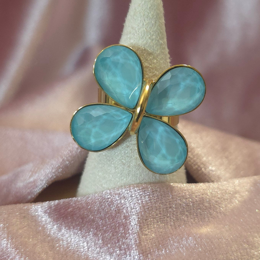 Bague fleur cristal de verre turquoise