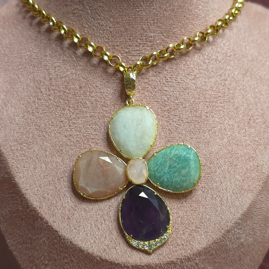 COLLIER Fleur Pierre naturelle multi