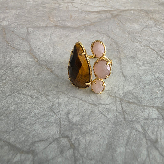 Bague Habaha Paris quatuor goutte oeil de tigre quartz rose