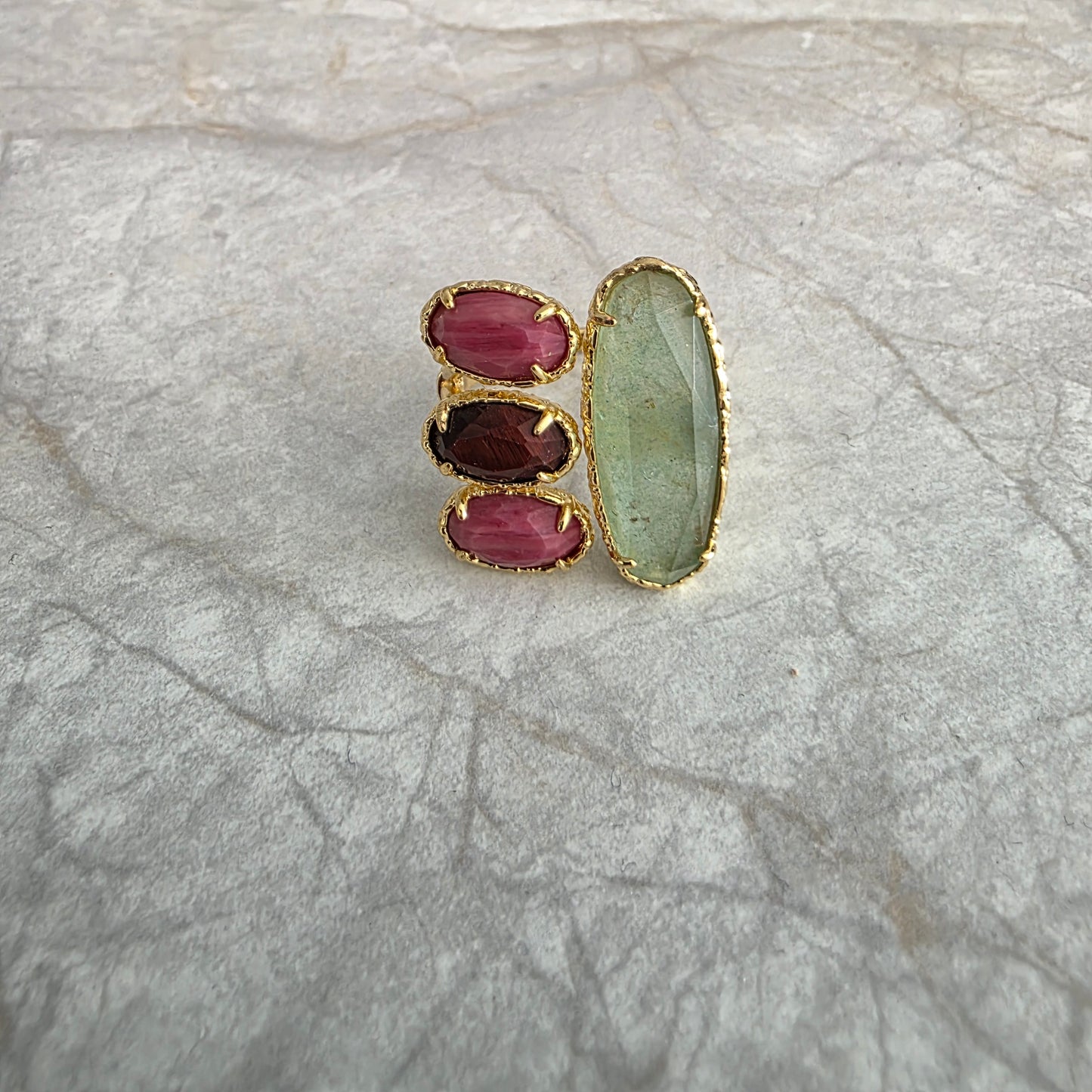 Bague Habaha Paris quatuor quartz vert rhodonite et oeil de chat