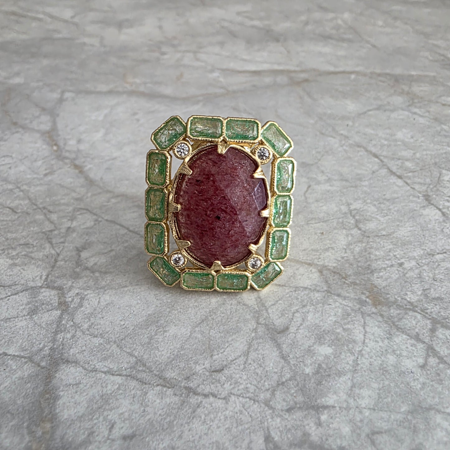 Bague Habaha Paris quartz fraise et strass vert