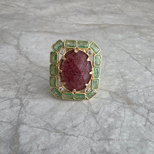 Bague Habaha Paris quartz fraise et strass vert