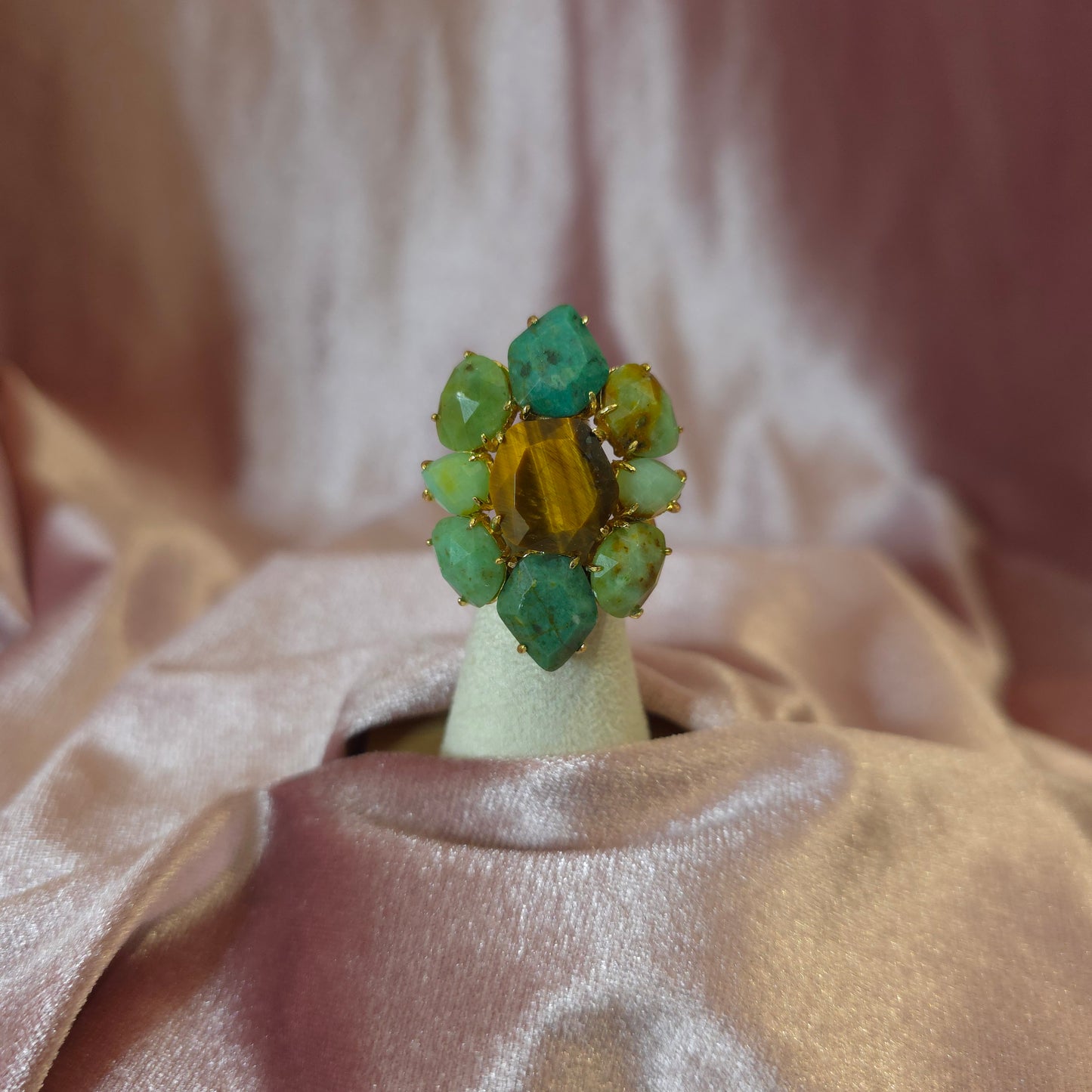 Bague Habaha Losange turquoise jade vert et oeilde tigre