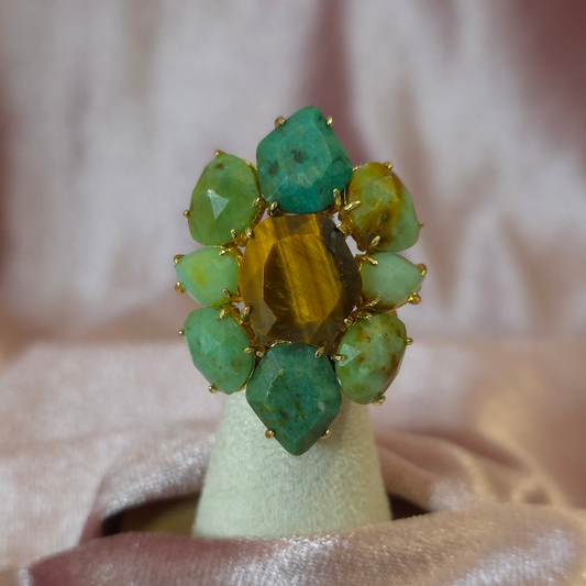Bague Habaha Losange turquoise jade vert et oeilde tigre