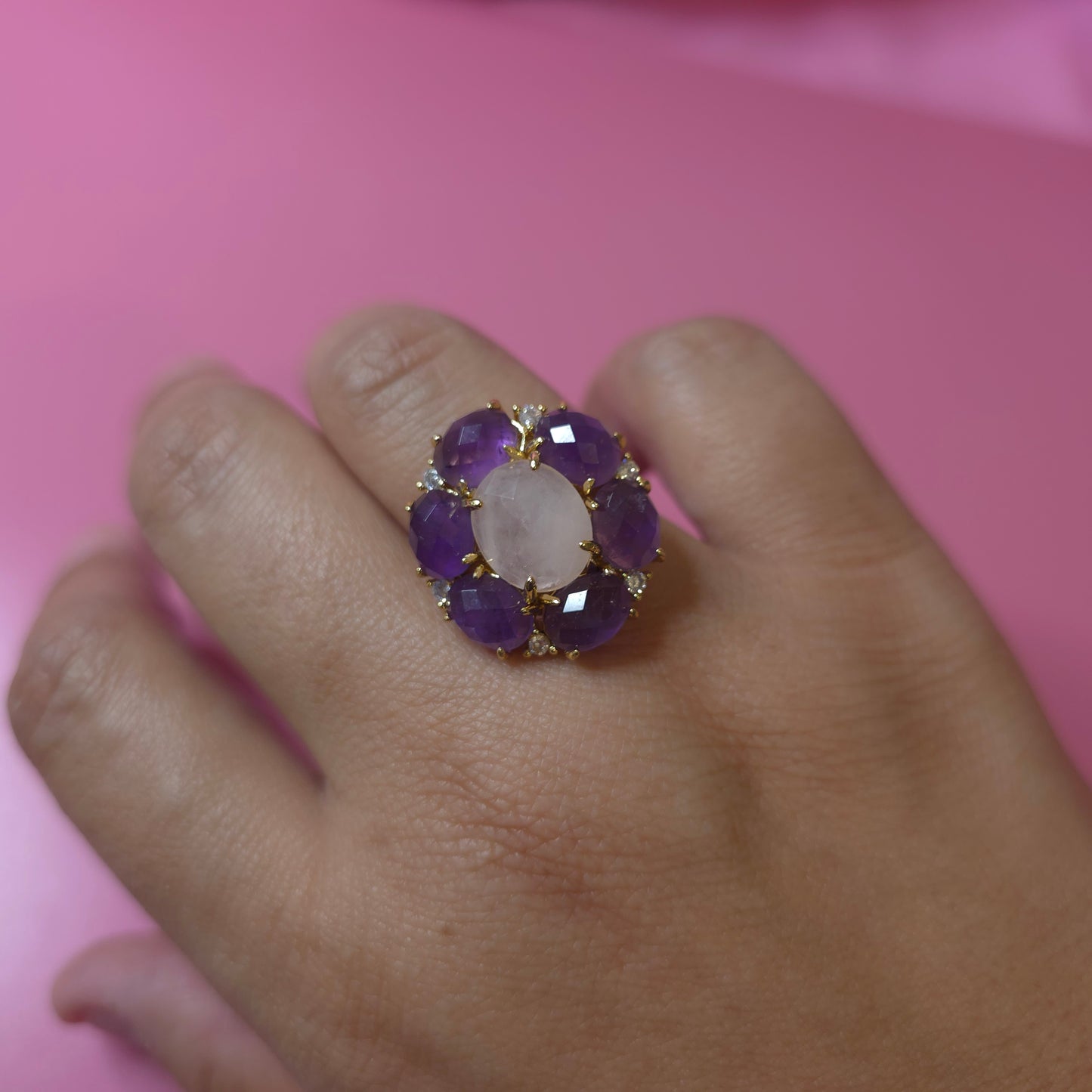 Bague fleur amethyste quartz
