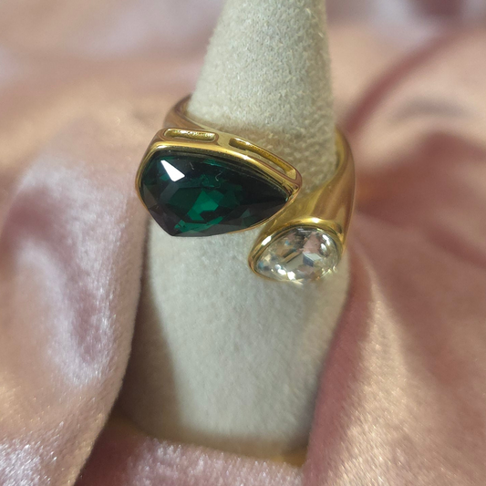 Bague 2 cristaux vert & blanc